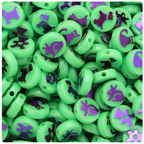 Pets 13mm Picture Beads - Lime Opaque with Metallic Purple (30pcs)