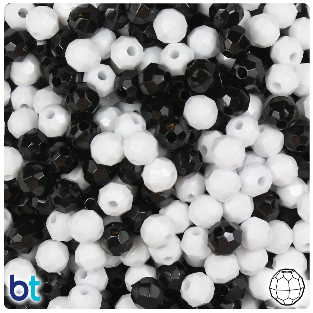 Black & White Opaque Mix 6mm Faceted Round Plastic Beads (600pcs)