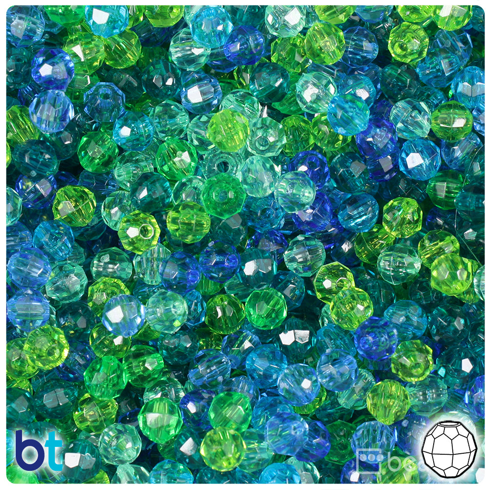 Green & Blue Transparent Mix 6mm Faceted Round Plastic Beads (600pcs)