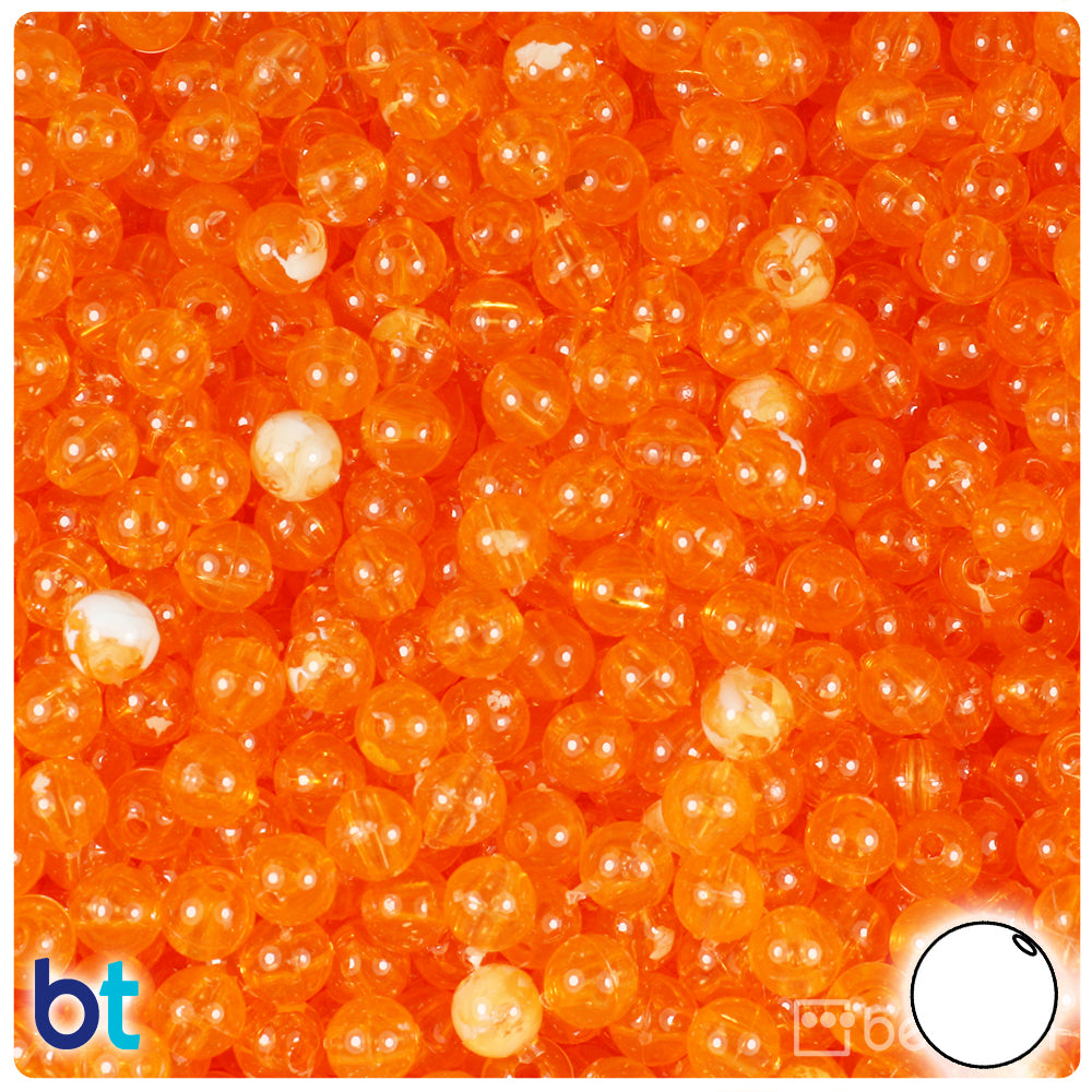 Orange Transparent 6mm Round Plastic Beads - White Swirls (500pcs)