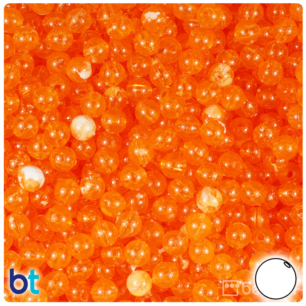 Orange Transparent 6mm Round Plastic Beads - White Swirls (500pcs)