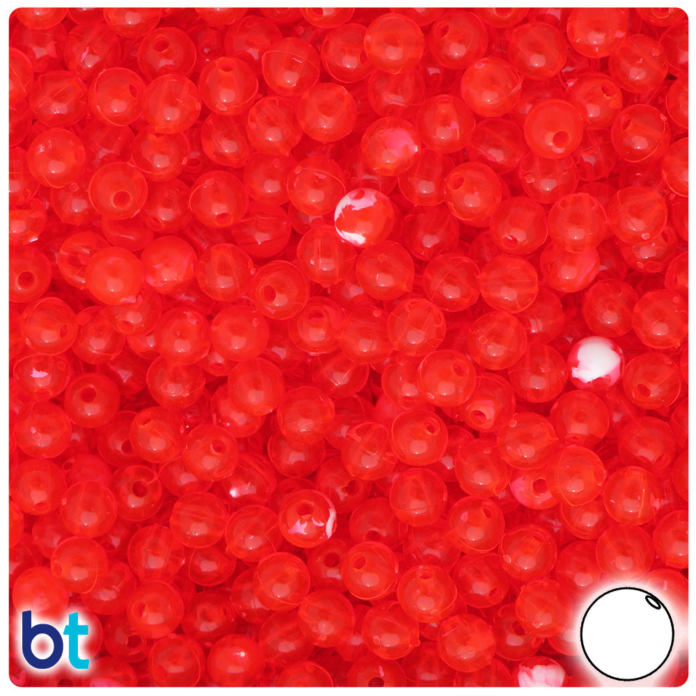 Fire Red Transparent 6mm Round Plastic Beads - White Swirls (500pcs)