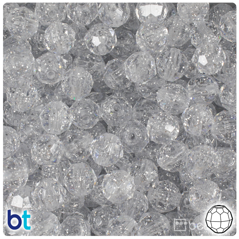Silver Sparkle 10mm Faceted Round Plastic Beads (225pcs)