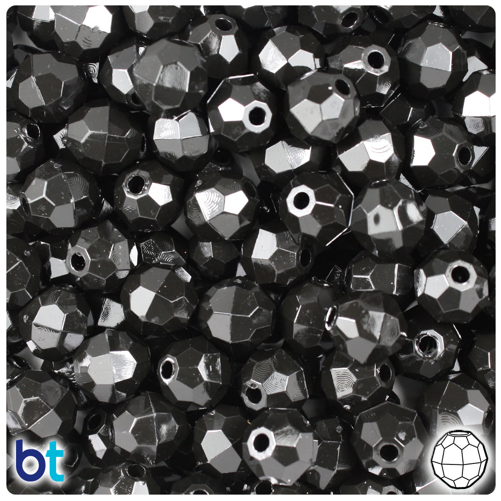 Black Opaque 10mm Faceted Round Plastic Beads (225pcs)