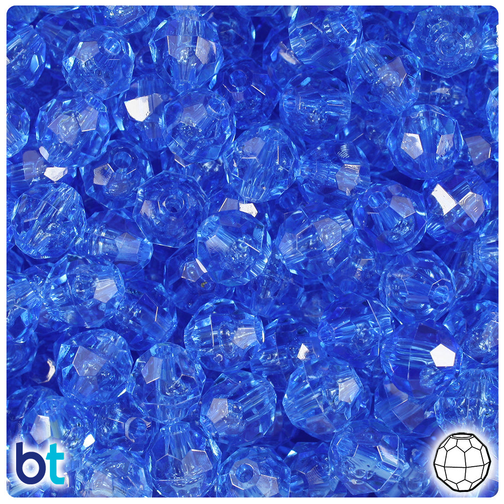 Medium Sapphire Transparent 10mm Faceted Round Plastic Beads (225pcs)