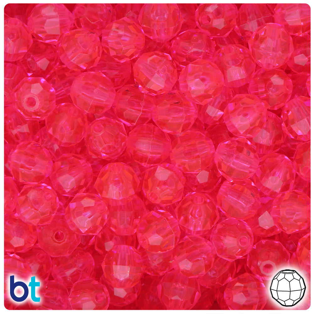 Medium Pink Transparent 10mm Faceted Round Plastic Beads (225pcs)