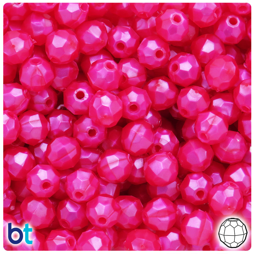 Hot Pink Pearl 10mm Faceted Round Plastic Beads (225pcs)