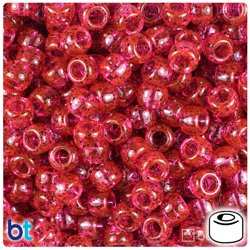 Hot Pink Black Sparkle 9mm Barrel Pony Beads (500pcs)