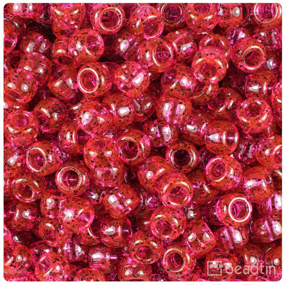 Hot Pink Black Sparkle 9mm Barrel Pony Beads (100pcs)