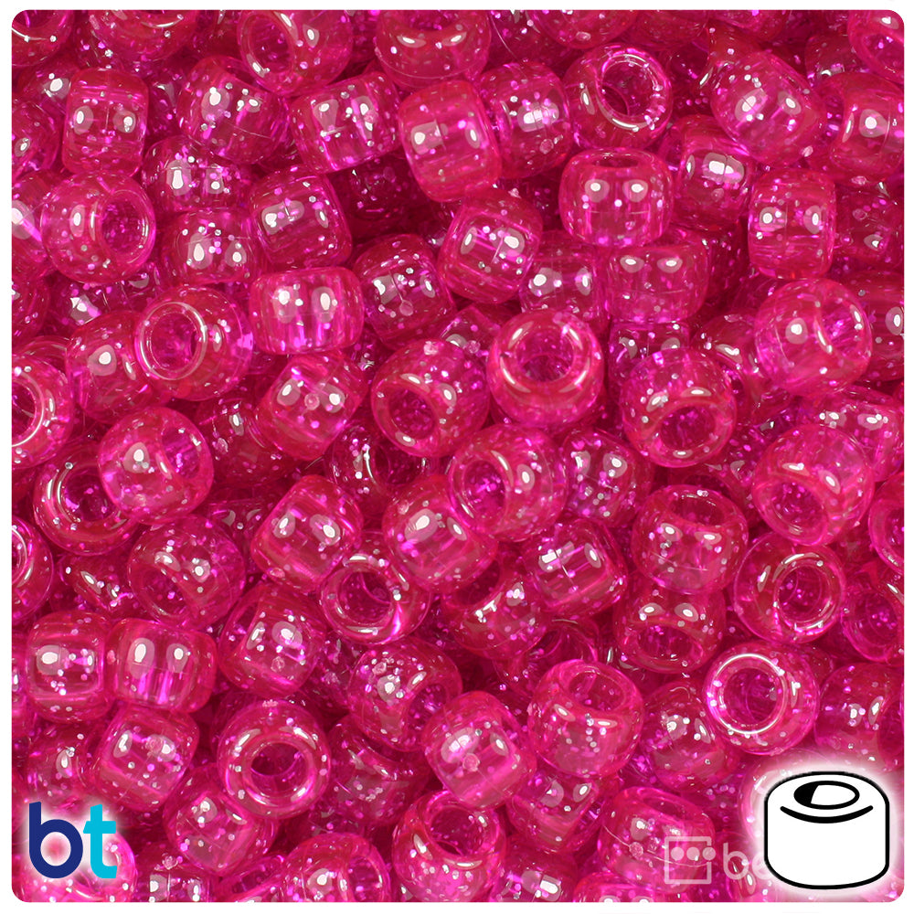 Bright Pink Sparkle 9mm Barrel Pony Beads (500pcs)