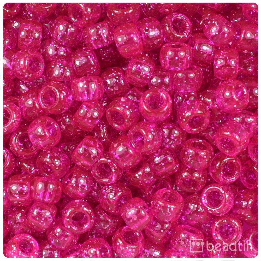 Bright Pink Sparkle 9mm Barrel Pony Beads (100pcs)