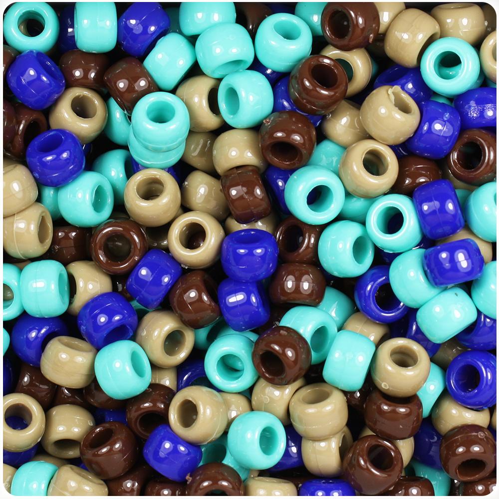 Blue & Tan Mix Opaque 9mm Barrel Pony Beads (100pcs)