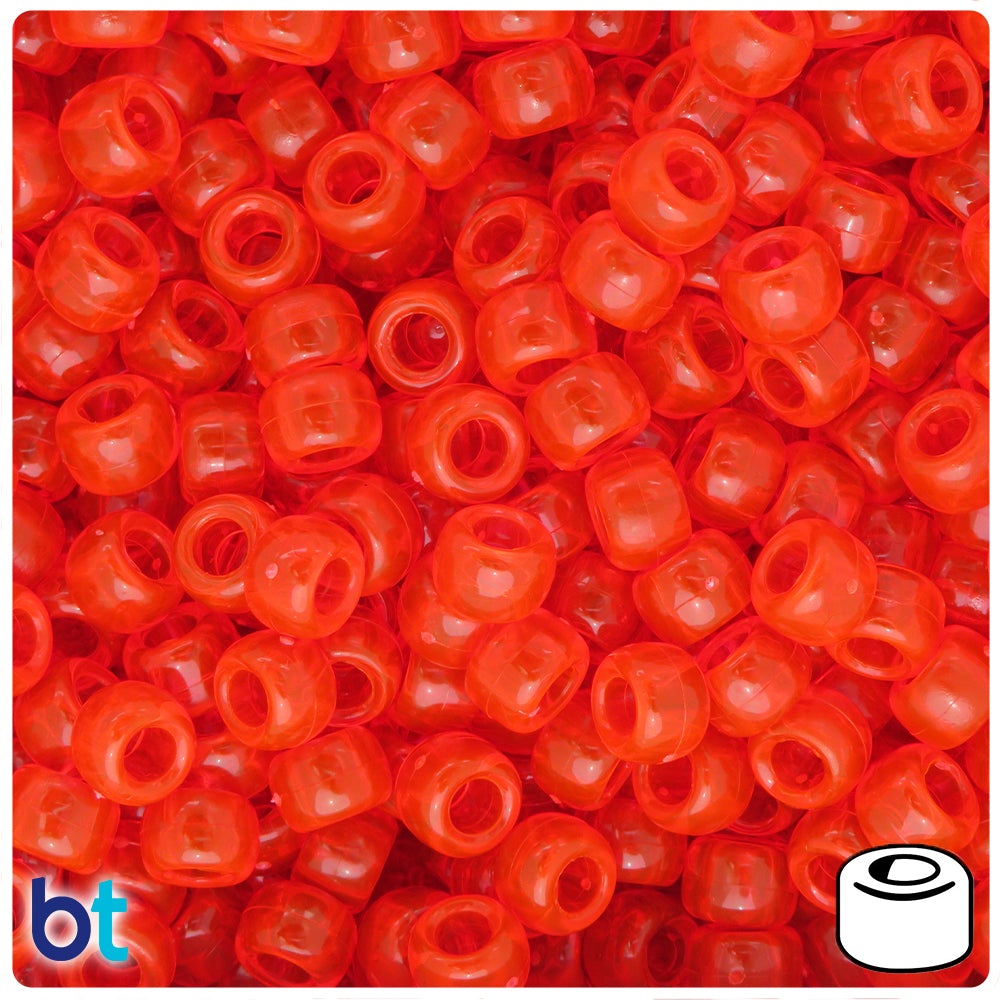 Fire Red Transparent 9mm Barrel Pony Beads (100pcs)