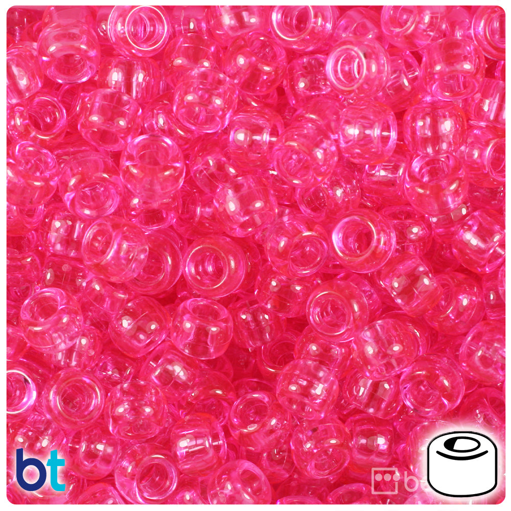 Medium Pink Transparent 9mm Barrel Pony Beads (500pcs)