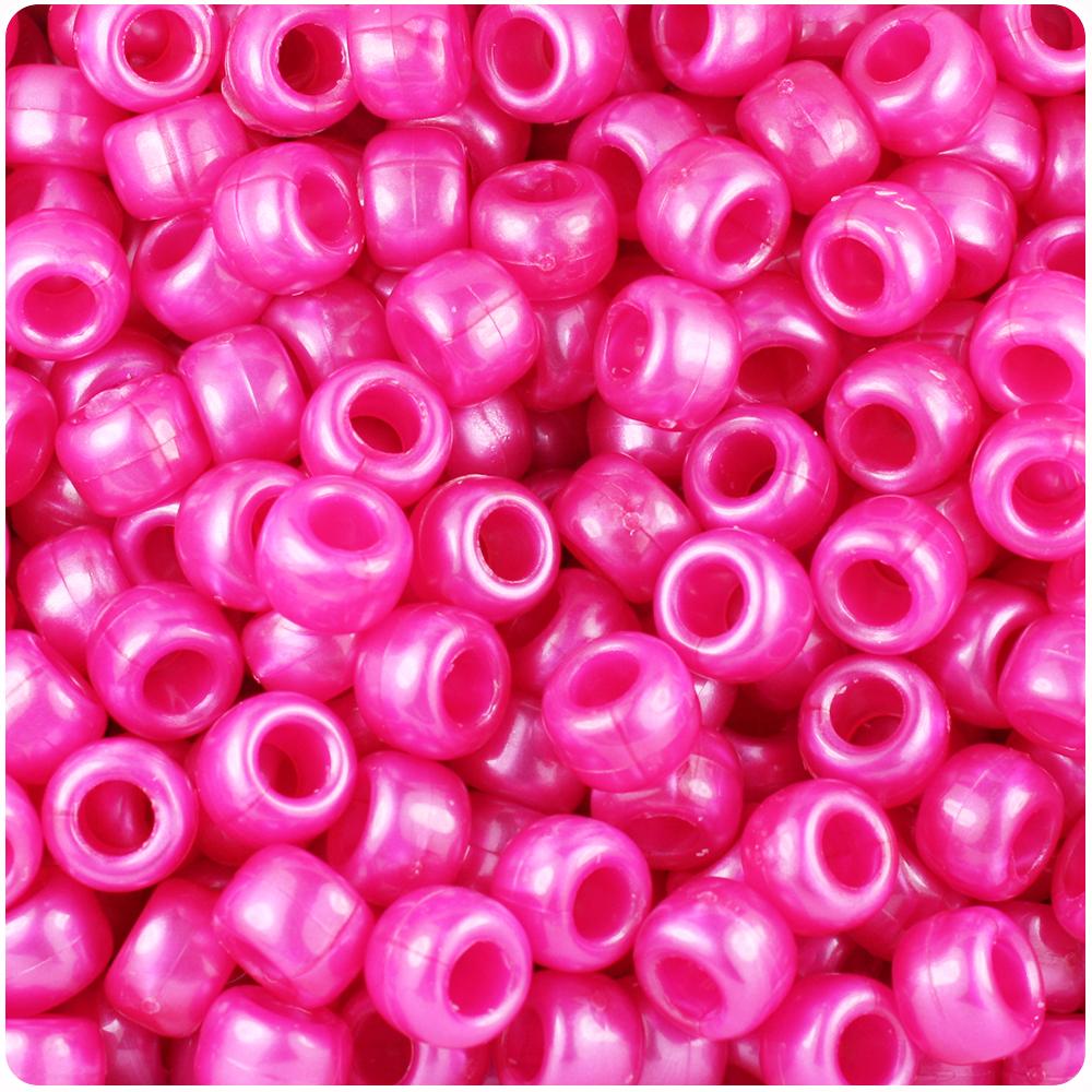 Hot Pink Pearl 9mm Barrel Pony Beads (100pcs)