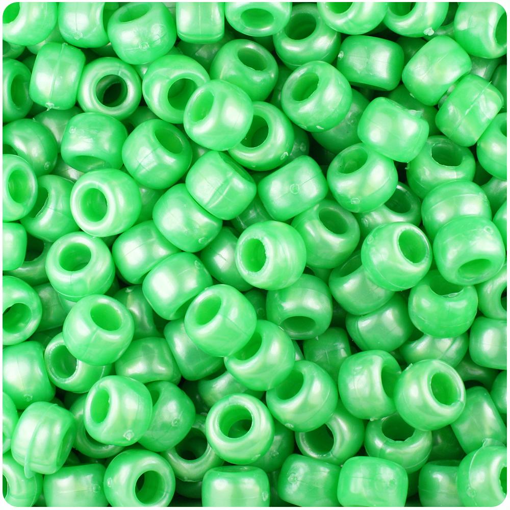 Bright Green Pearl 9mm Barrel Pony Beads (100pcs)