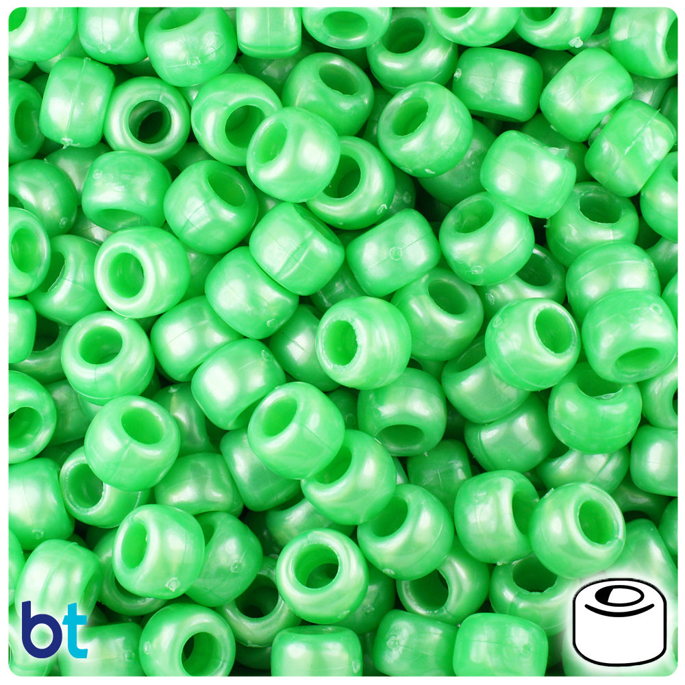 Bright Green Pearl 9mm Barrel Pony Beads (500pcs)
