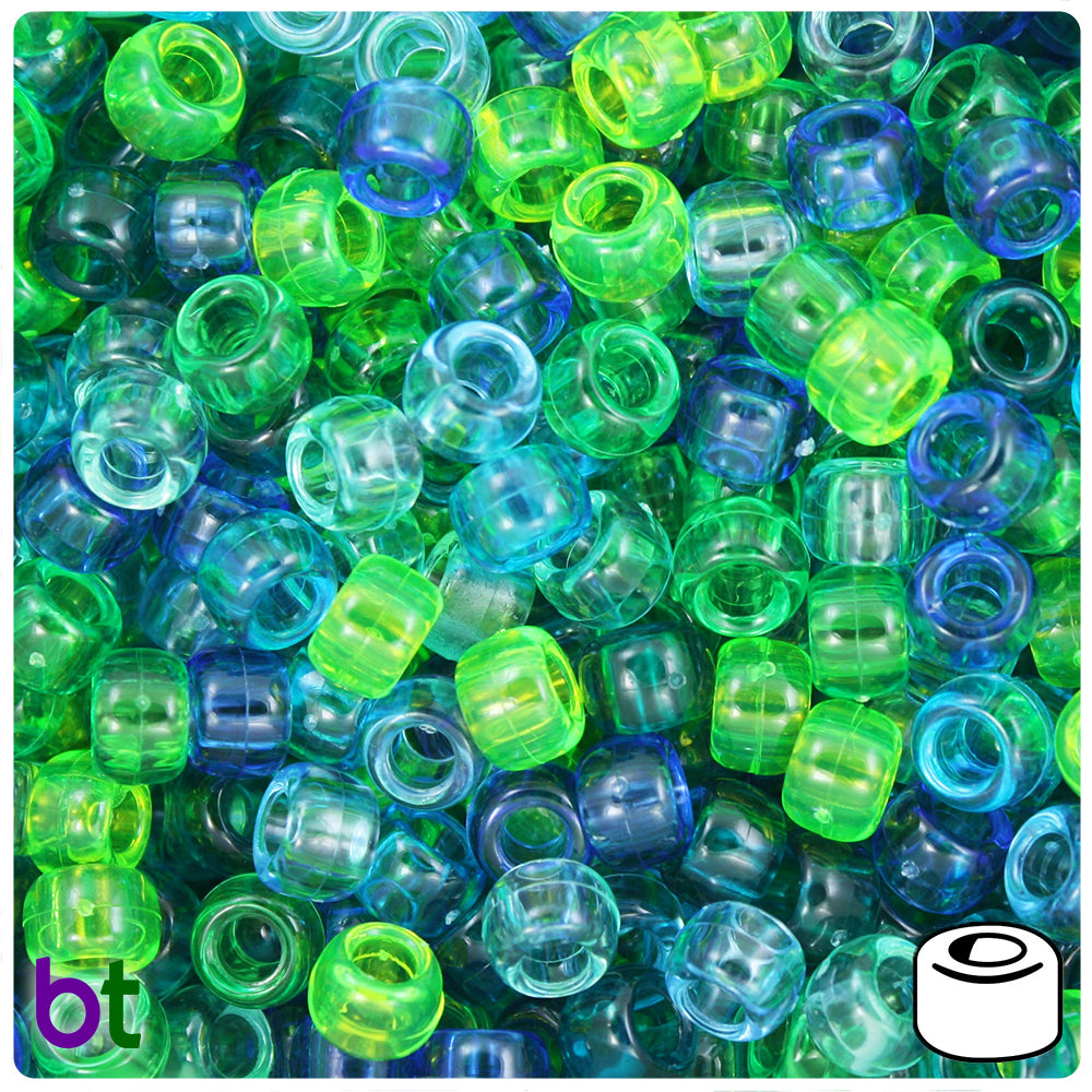 Green & Blue Mix Transparent 9mm Barrel Pony Beads (100pcs)