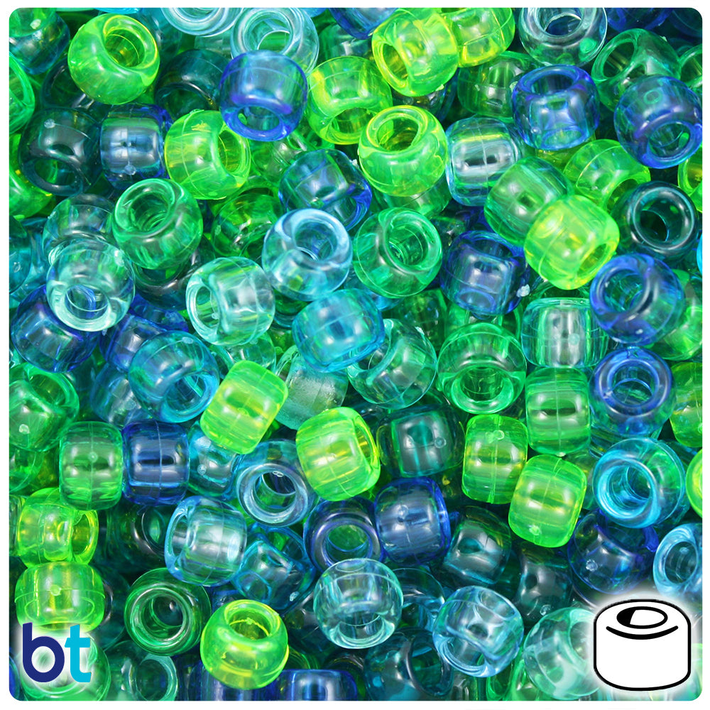 Green & Blue Mix Transparent 9mm Barrel Pony Beads (500pcs)