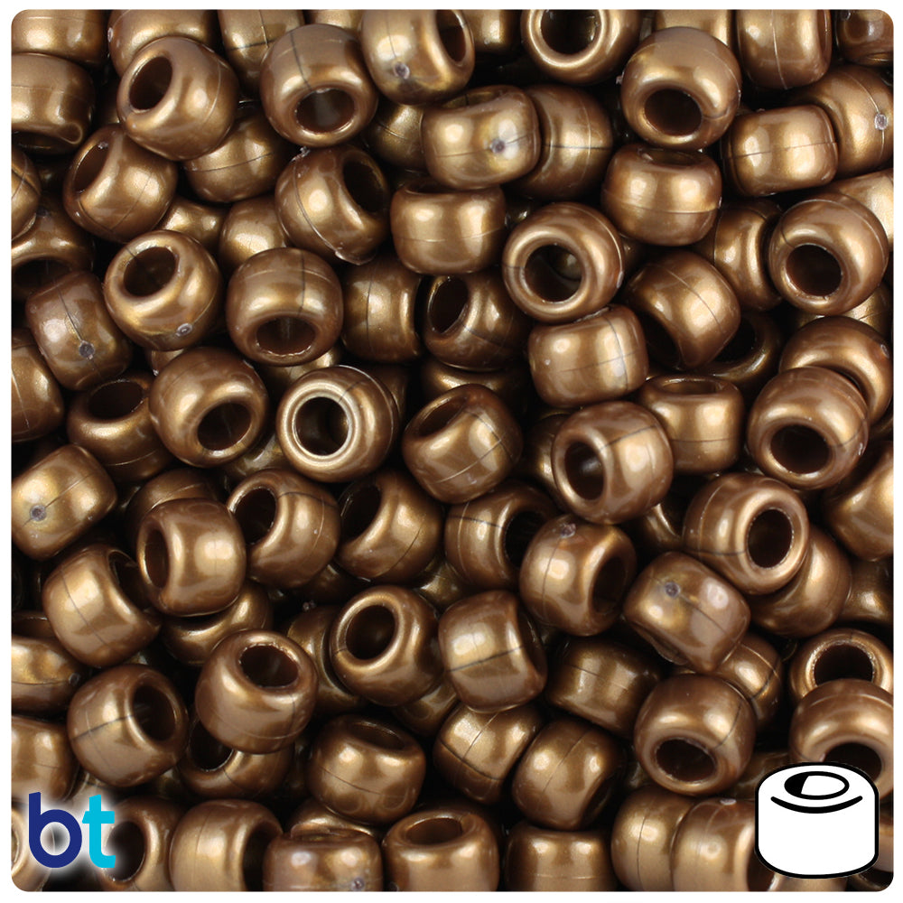 Medium Gold Bronze Pearl 9mm Barrel Pony Beads (100pcs)