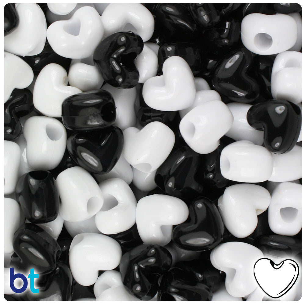 Black & White Opaque 12mm Heart (VH) Pony Beads (250pcs)