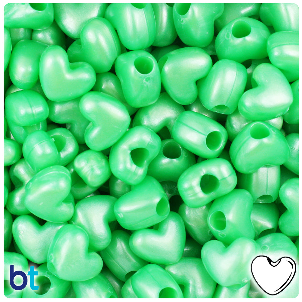 Bright Green Pearl 12mm Heart (VH) Pony Beads (250pcs)