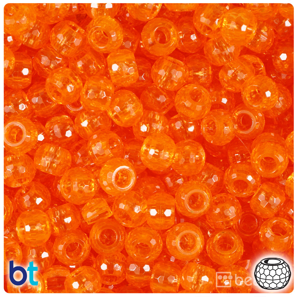 Orange Transparent 9mm Faceted Barrel Pony Beads (500pcs)