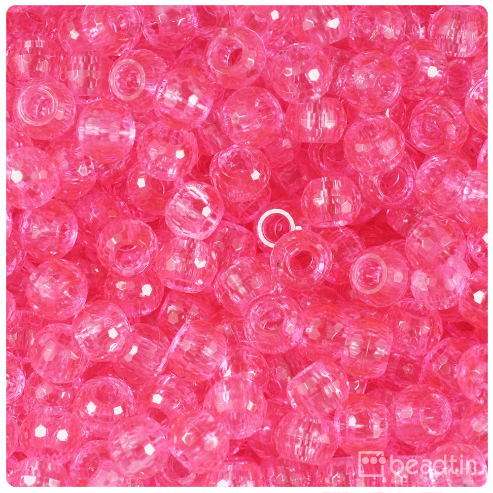 Pink Transparent 9mm Faceted Barrel Pony Beads (100pcs)