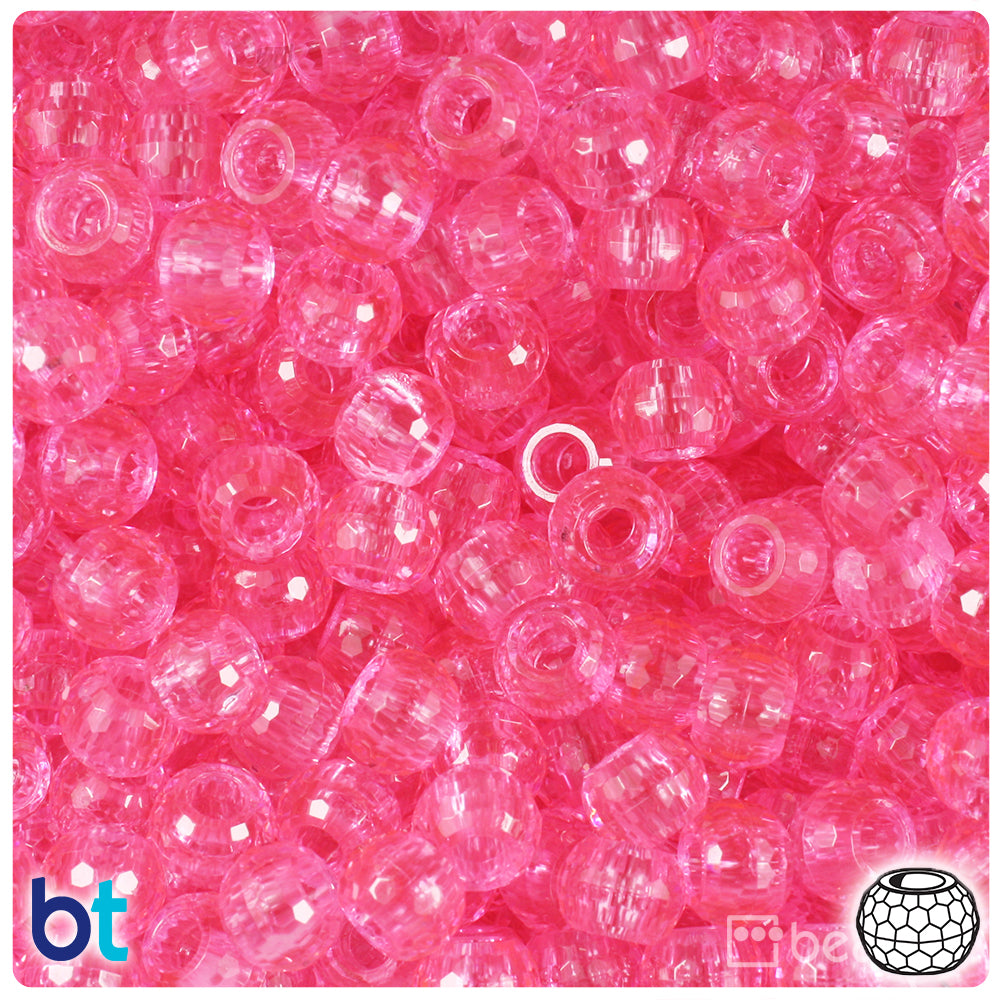 Pink Transparent 9mm Faceted Barrel Pony Beads (500pcs)