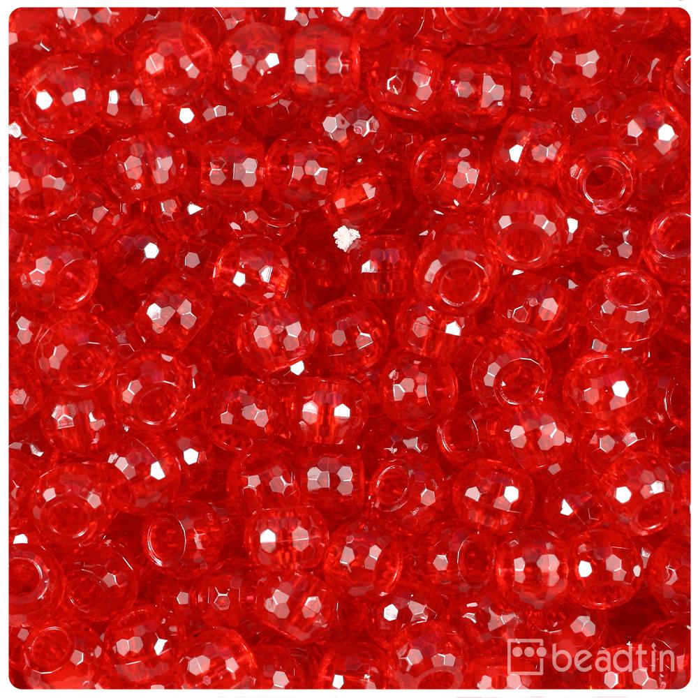 Ruby Transparent 9mm Faceted Barrel Pony Beads (100pcs)