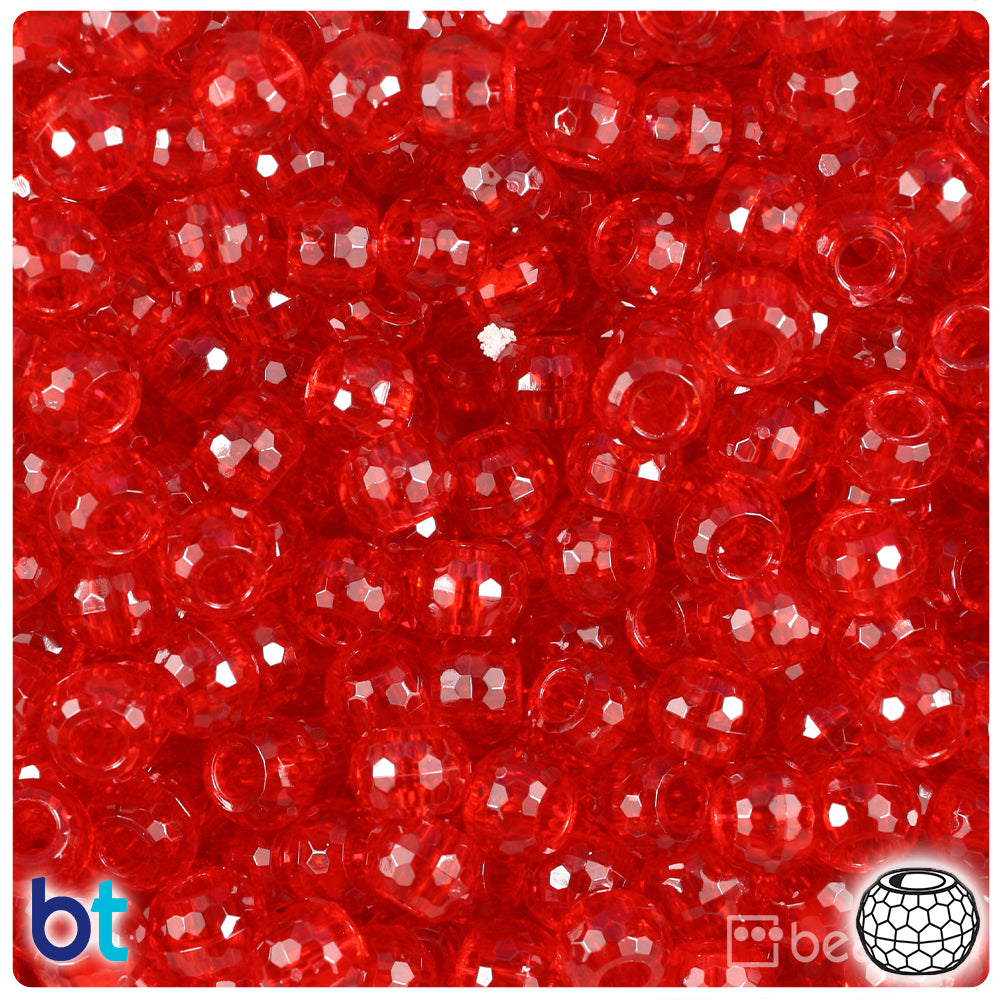 Ruby Transparent 9mm Faceted Barrel Pony Beads (500pcs)