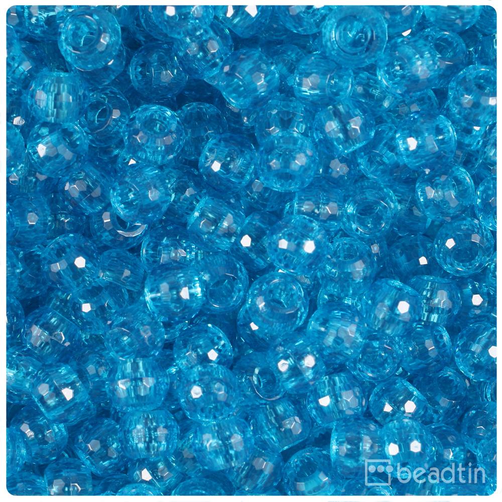 Turquoise Transparent 9mm Faceted Barrel Pony Beads (100pcs)