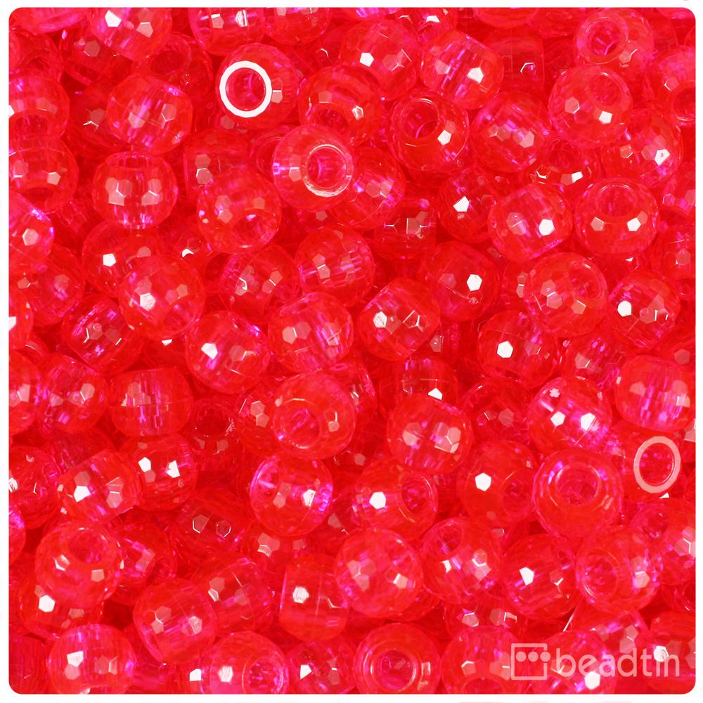 Hot Pink Transparent 9mm Faceted Barrel Pony Beads (100pcs)