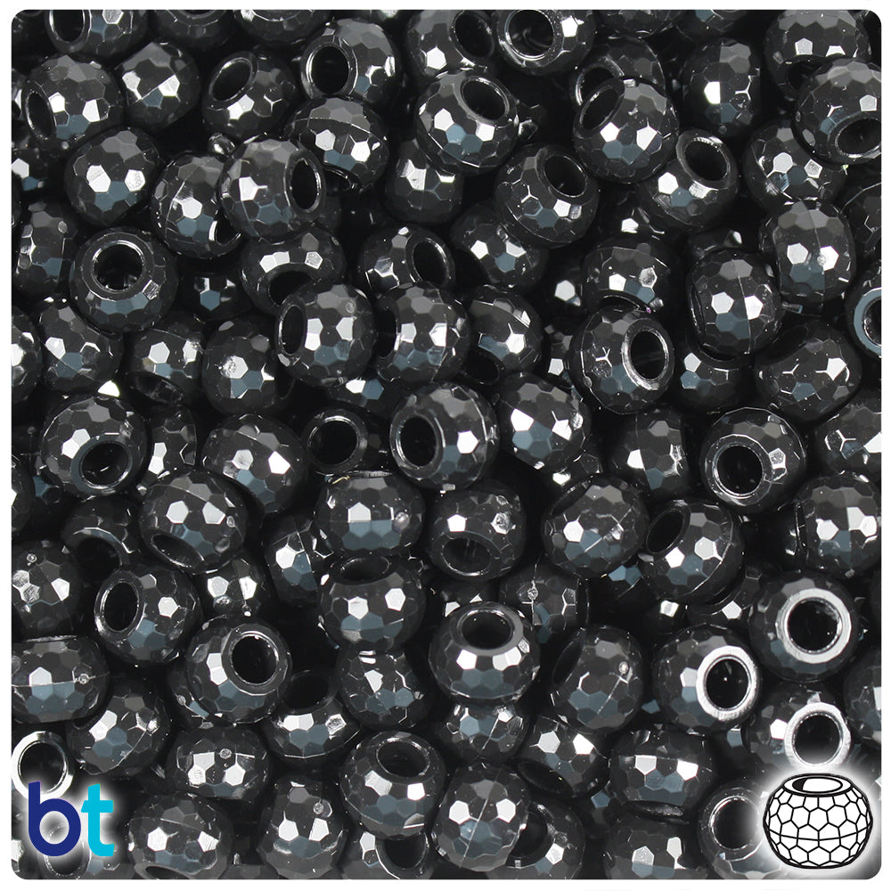 Black Opaque 9mm Faceted Barrel Pony Beads (500pcs)