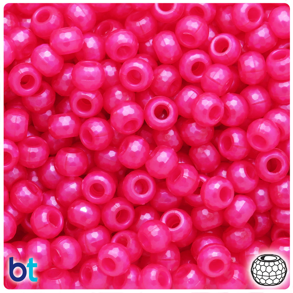 Hot Pink Pearl 9mm Faceted Barrel Pony Beads (500pcs)