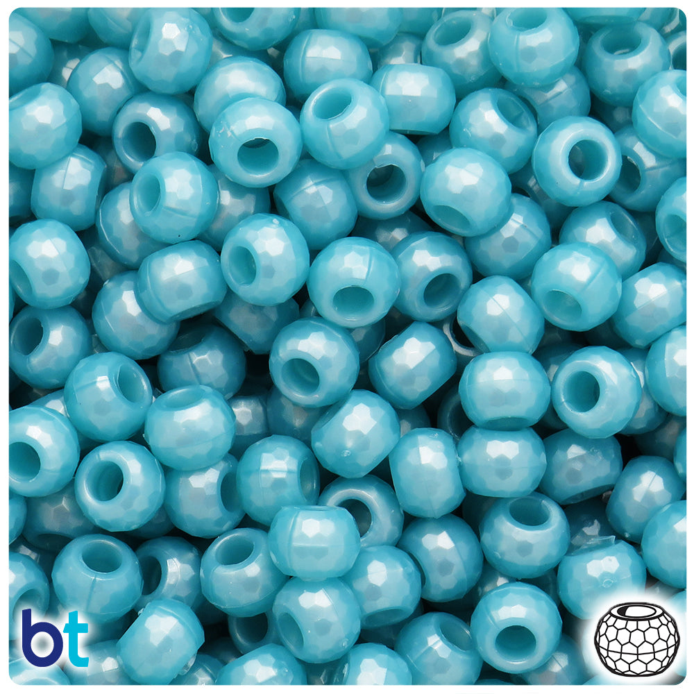 Sky Blue Pearl 9mm Faceted Barrel Pony Beads (500pcs)
