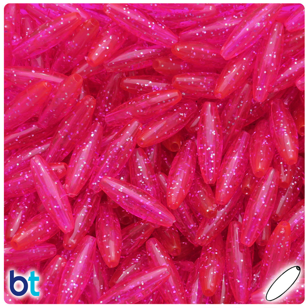 Bright Pink Sparkle 19mm Spaghetti Plastic Beads (150pcs)