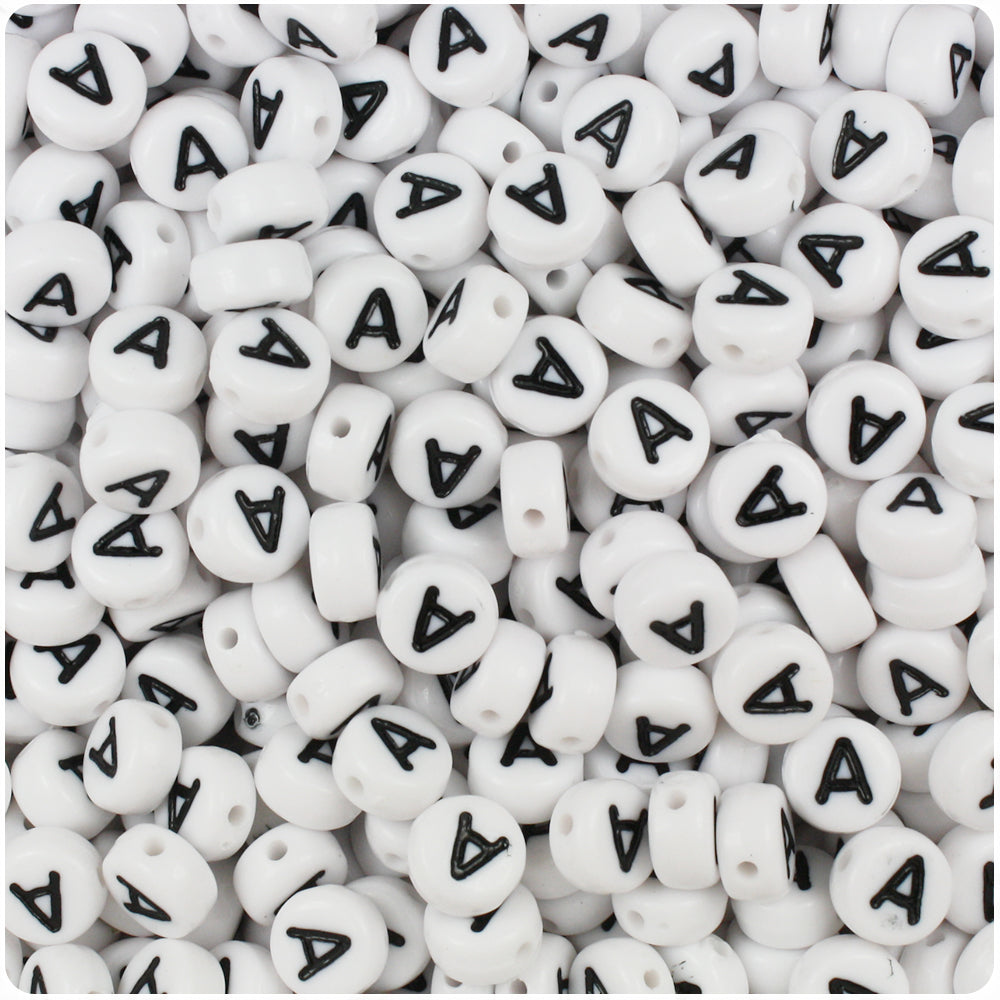 White Opaque 7mm Coin Alpha Beads - Black Letter A (100pcs)