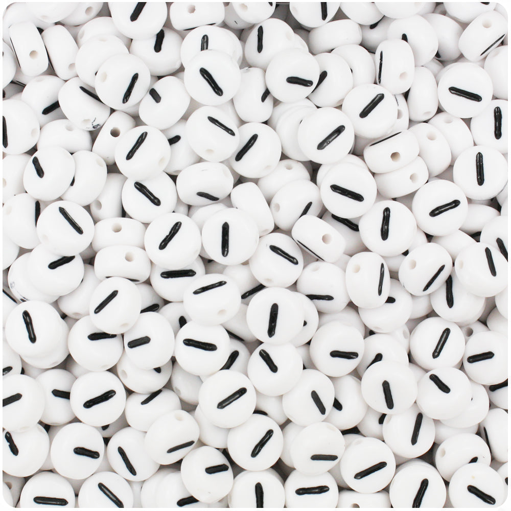 White Opaque 7mm Coin Alpha Beads - Black Letter I (100pcs)