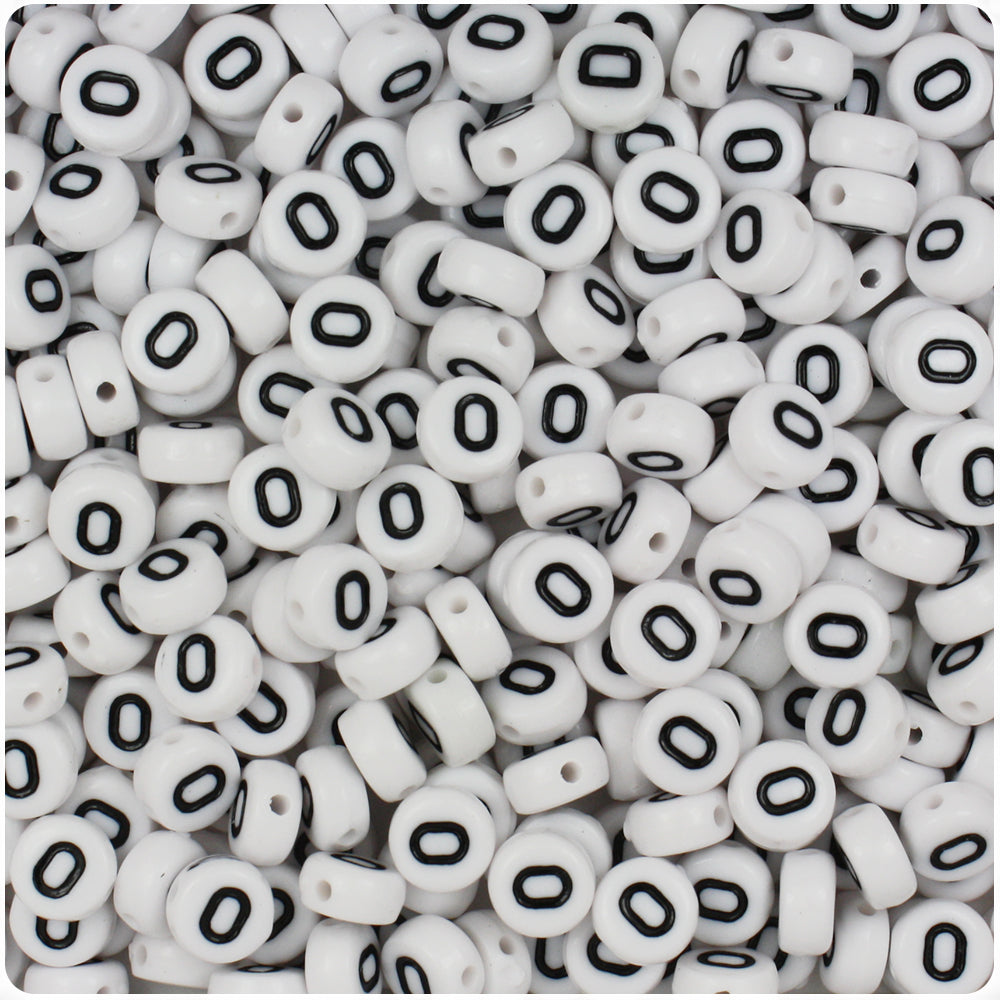 White Opaque 7mm Coin Alpha Beads - Black Letter O (100pcs)