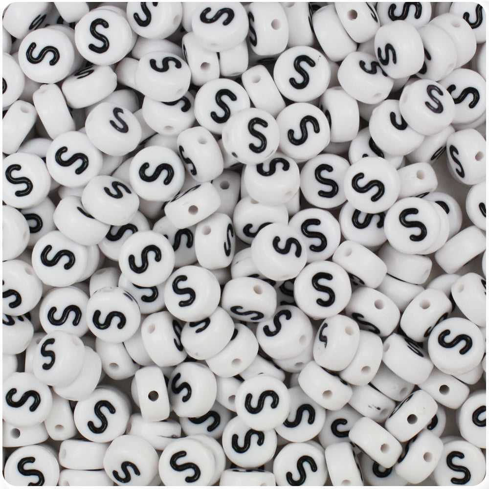 White Opaque 7mm Coin Alpha Beads - Black Letter S (100pcs)