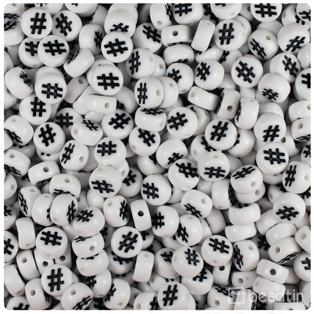 White Opaque 7mm Coin Alpha Beads - Black Hashtag (250pcs)