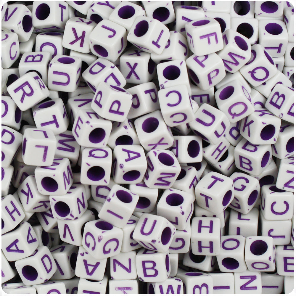 White Opaque 6mm Cube Alpha Beads - Purple Letter Mix (200pcs)