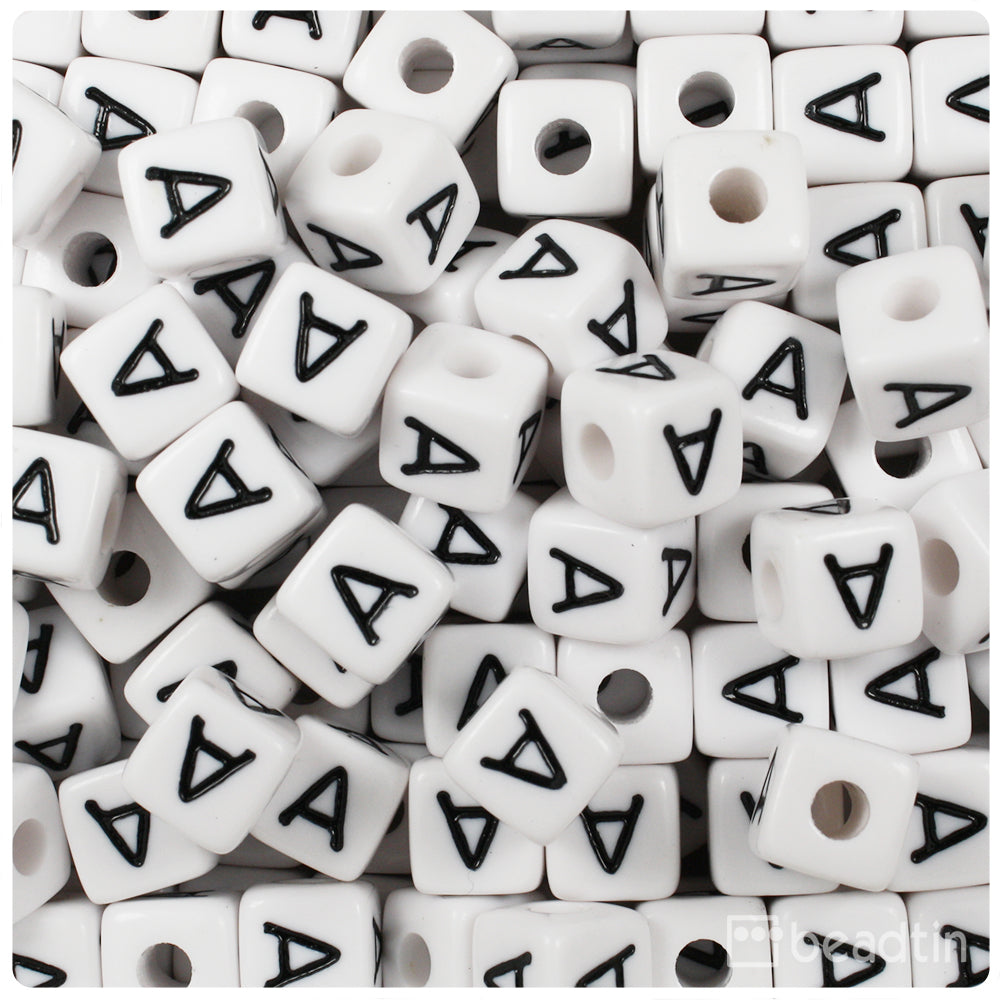 White Opaque 10mm Cube Alpha Beads - Black Letter A (20pcs)