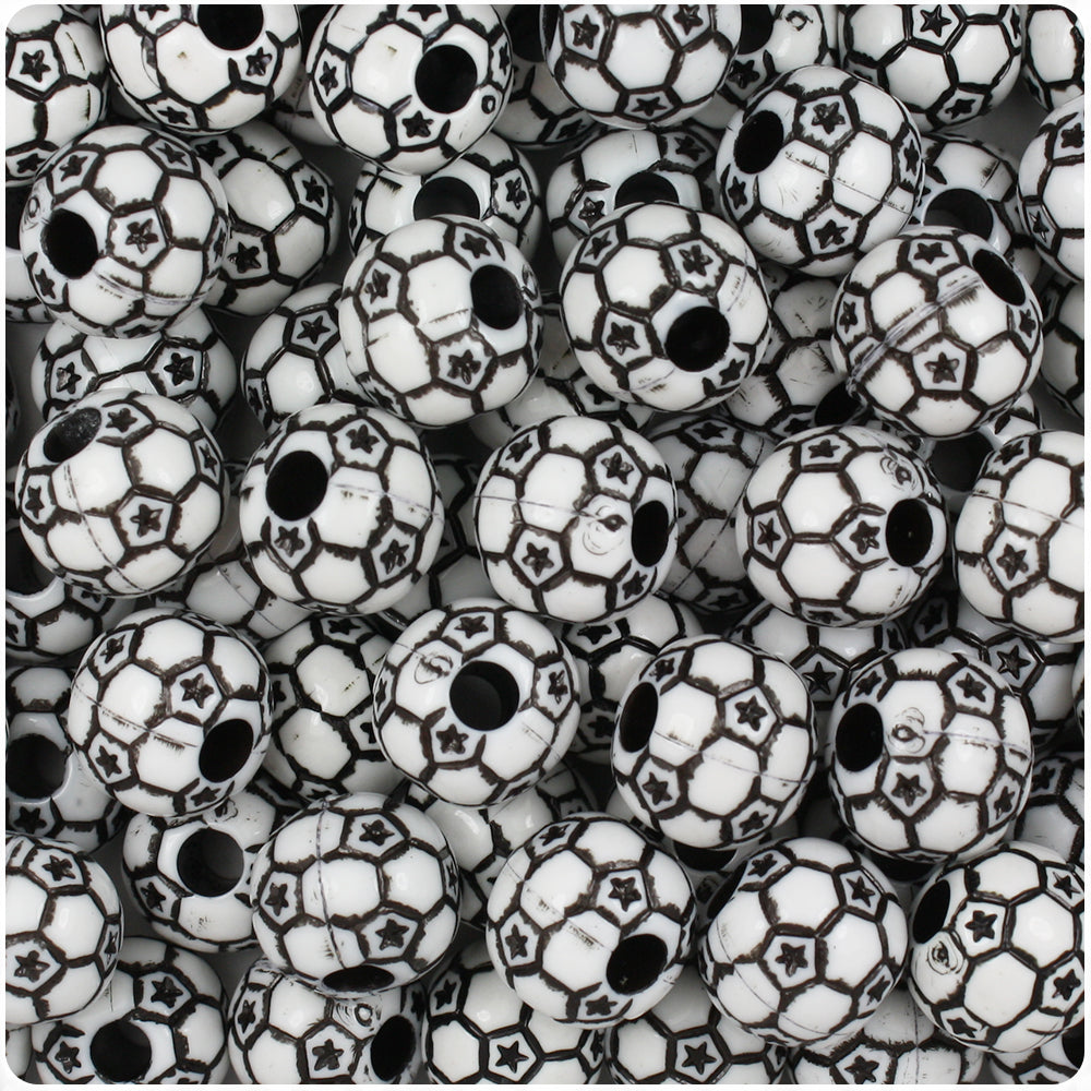 White Opaque 12mm Round Pony Beads - Black Soccer Ball Design (48pcs)