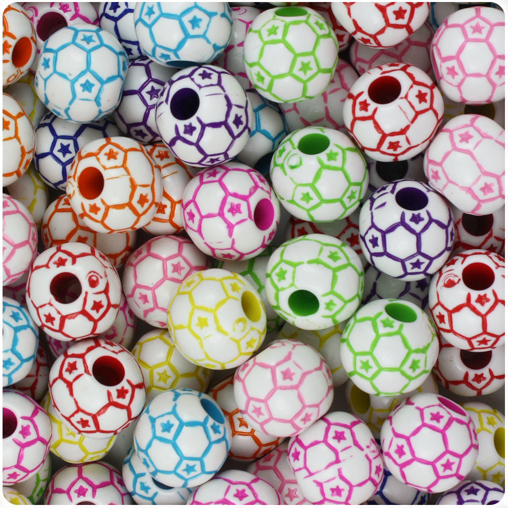 White Opaque 12mm Round Pony Beads - Colored Soccer Ball Design (48pcs)