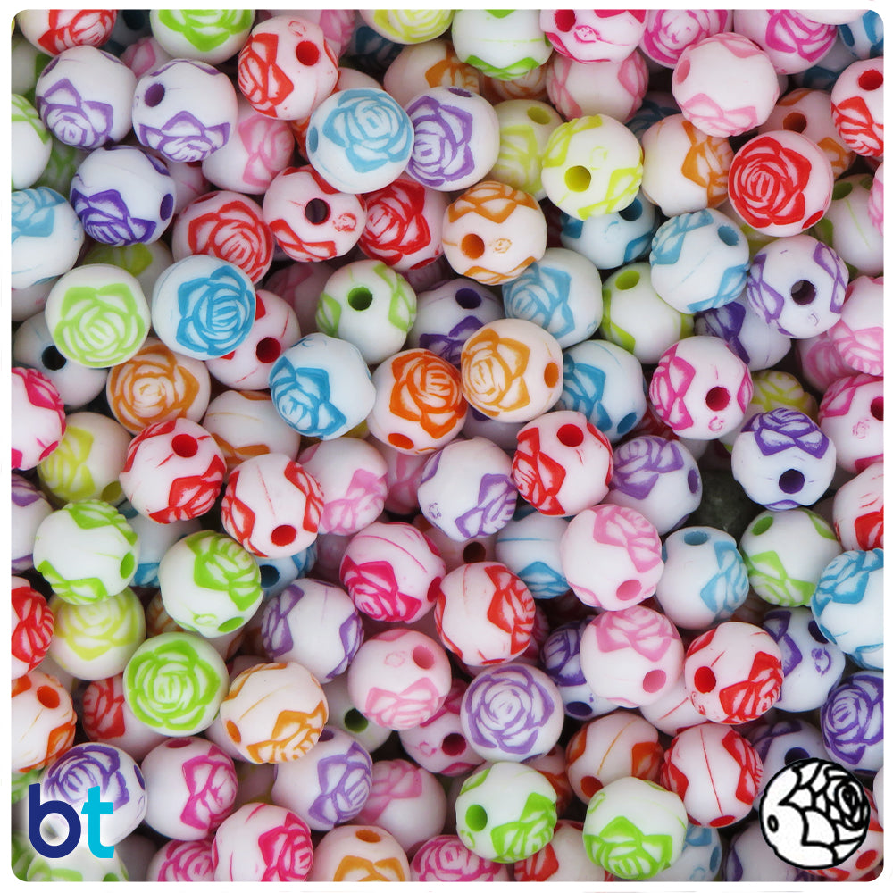 White Opaque 8mm Round Plastic Beads - Colored Accent Rosebuds (150pcs)