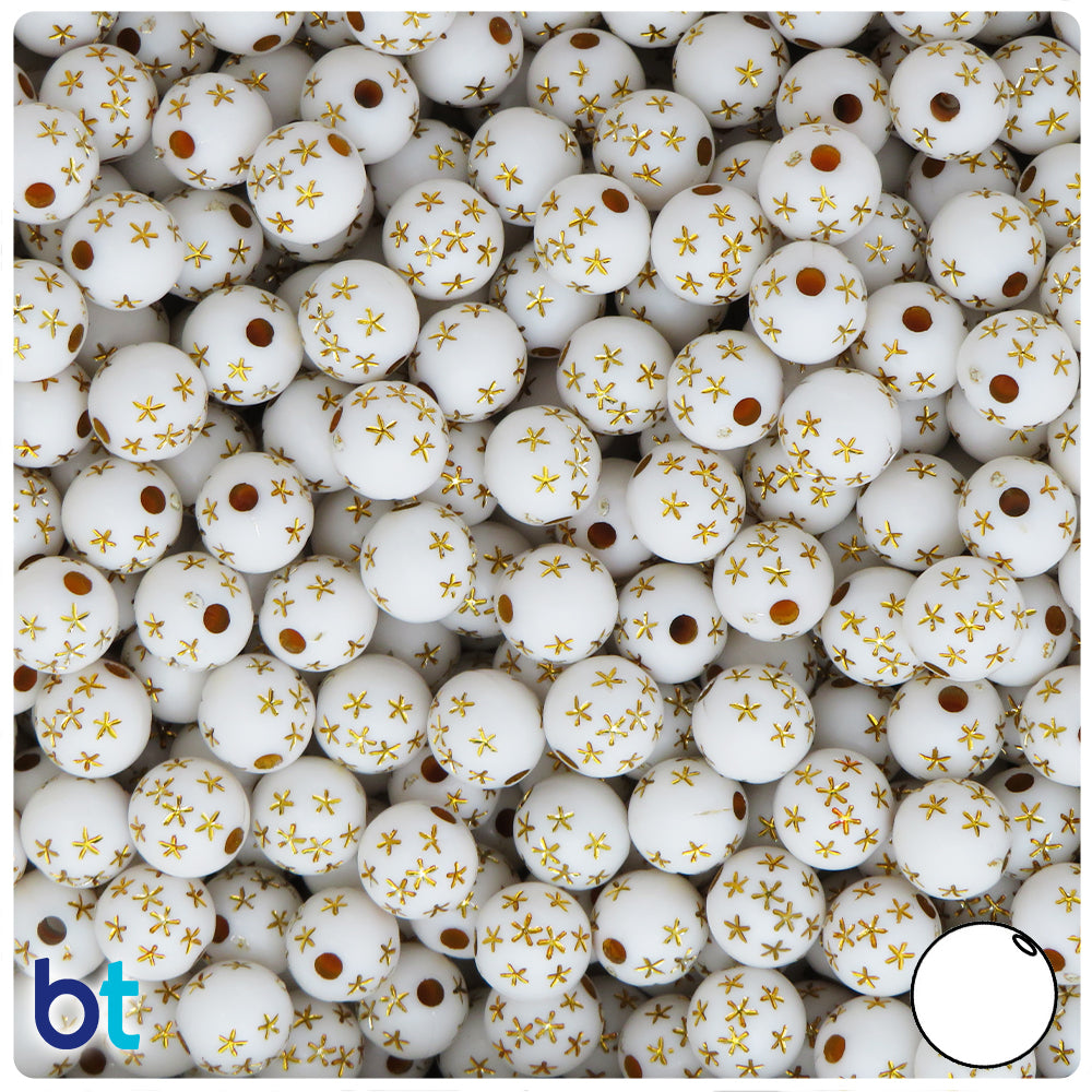White Opaque 8mm Round Plastic Beads - Gold Accent Stars (150pcs)