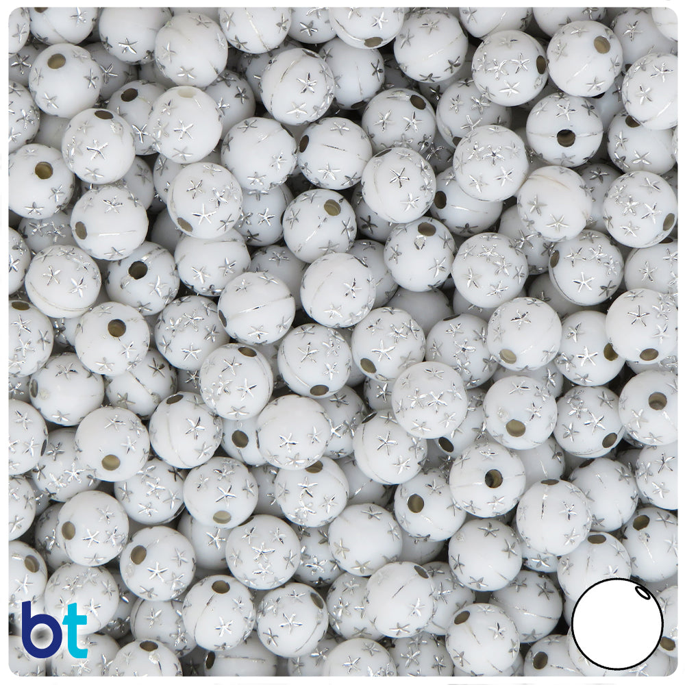White Opaque 8mm Round Plastic Beads - Silver Accent Stars (150pcs)