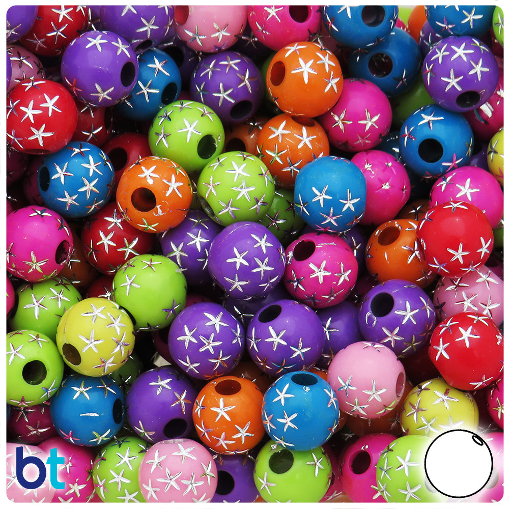 Mixed Opaque 12mm Round Plastic Beads - Silver Stars (75pcs)